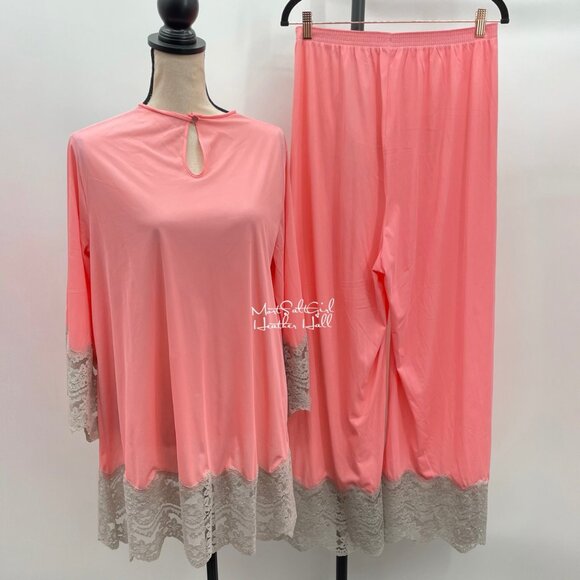Vintage Gilead Coral & Gray Lace Trim 2-Piece Ensemble Ankle Lounge Set USA Made - Picture 1 of 10